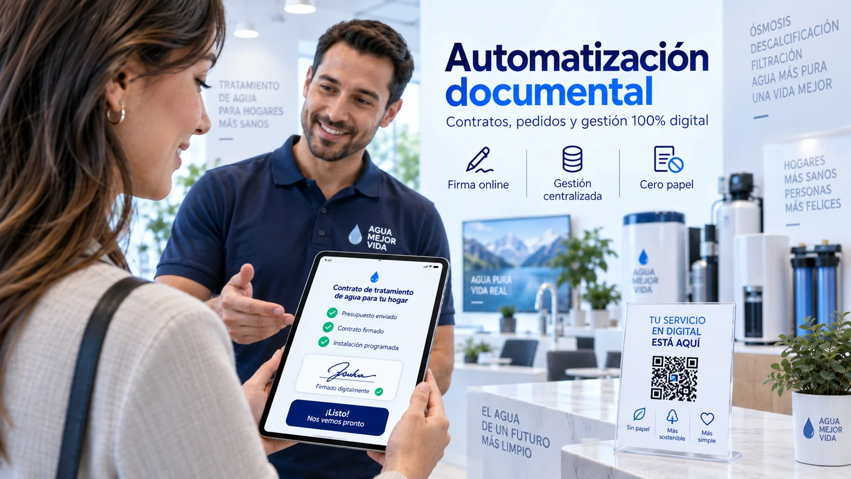 Escena conceptual de firma digital guiada en un punto de atención