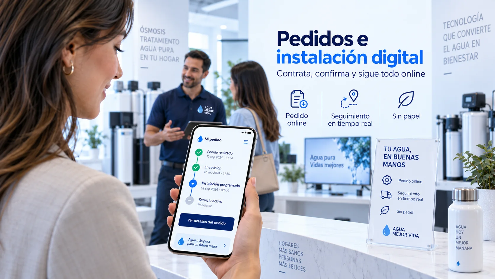 Escena conceptual de pedido e instalación con estados digitales