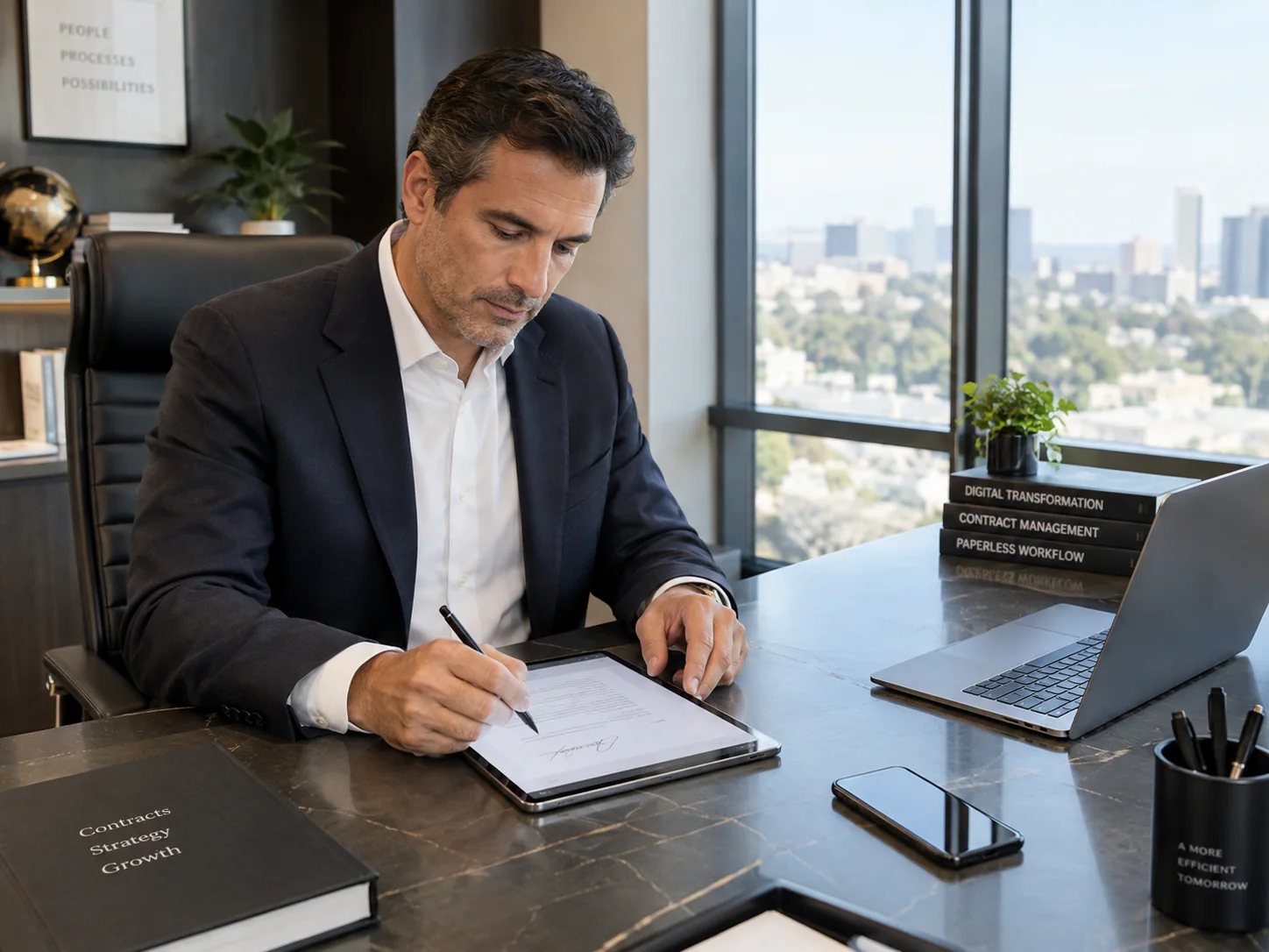 Ejecutivo firmando un contrato digital en una tableta junto a su equipo informático