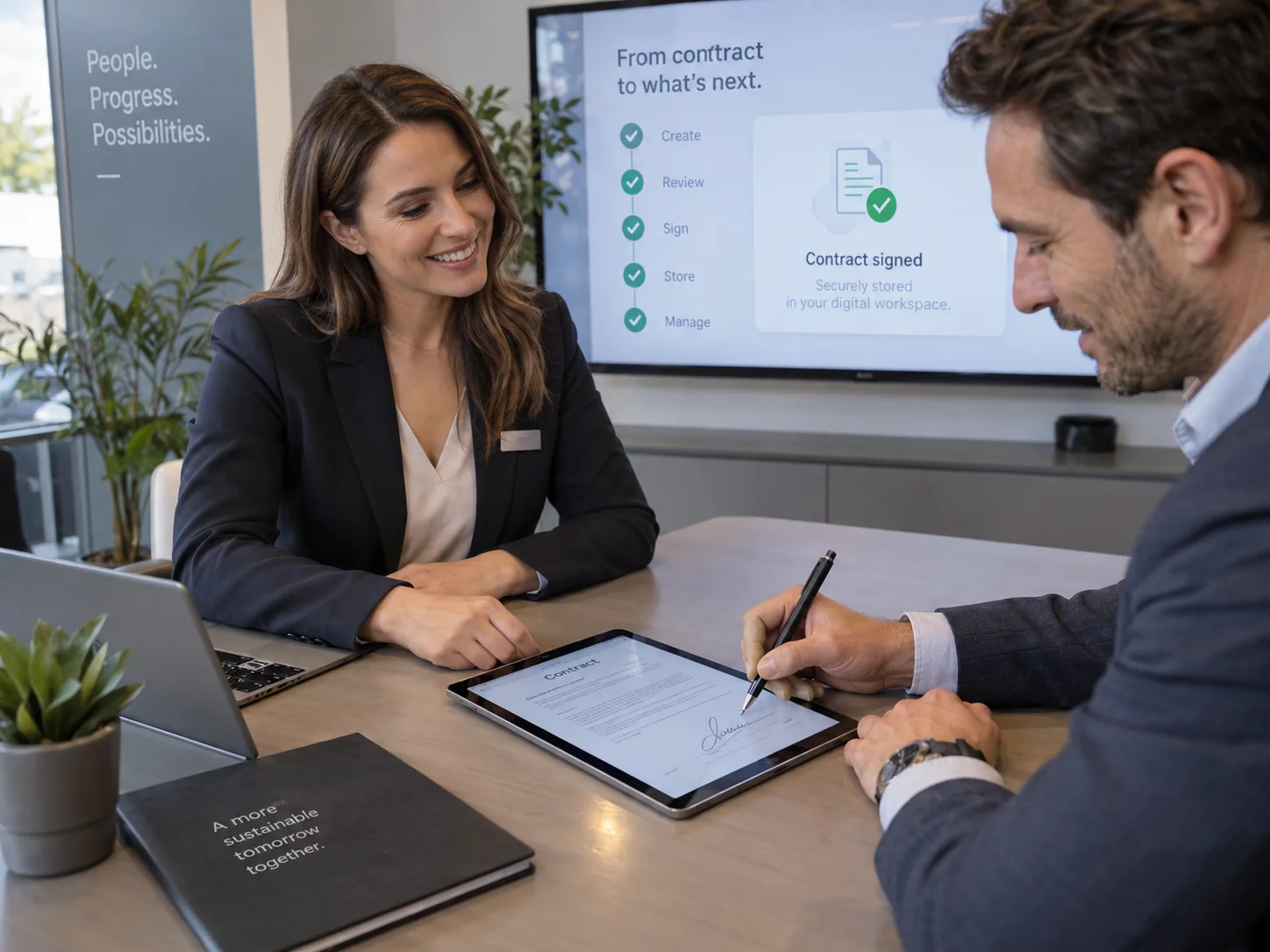 Firma digital de un contrato en tableta con acompañamiento profesional y seguimiento en pantalla