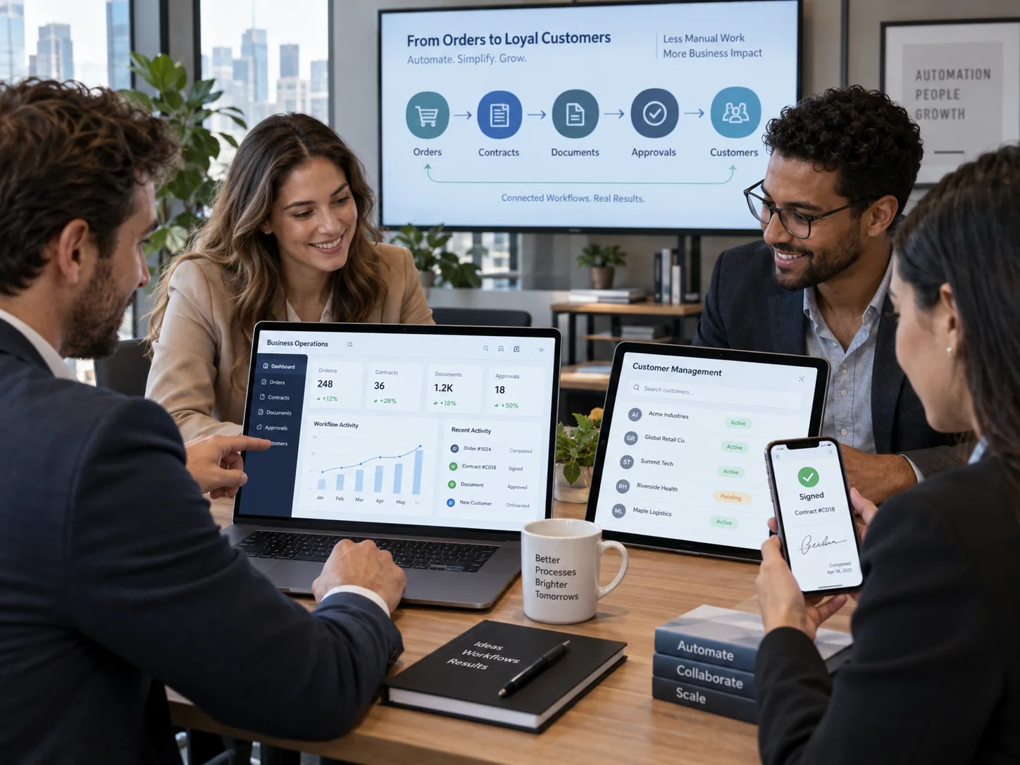 Equipo supervisando pedidos, contratos, documentos y aprobaciones desde varios paneles conectados