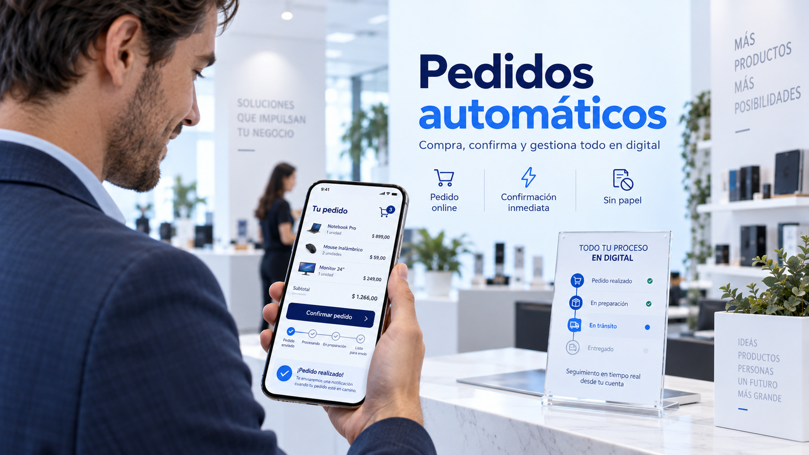Referencia visual de un flujo digital de pedidos automáticos en una oficina