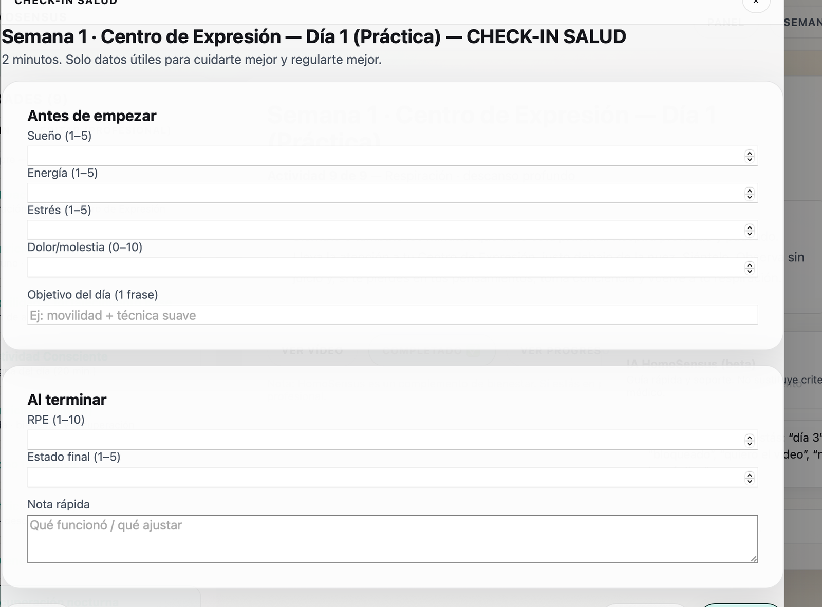 Check-in salud (demo)